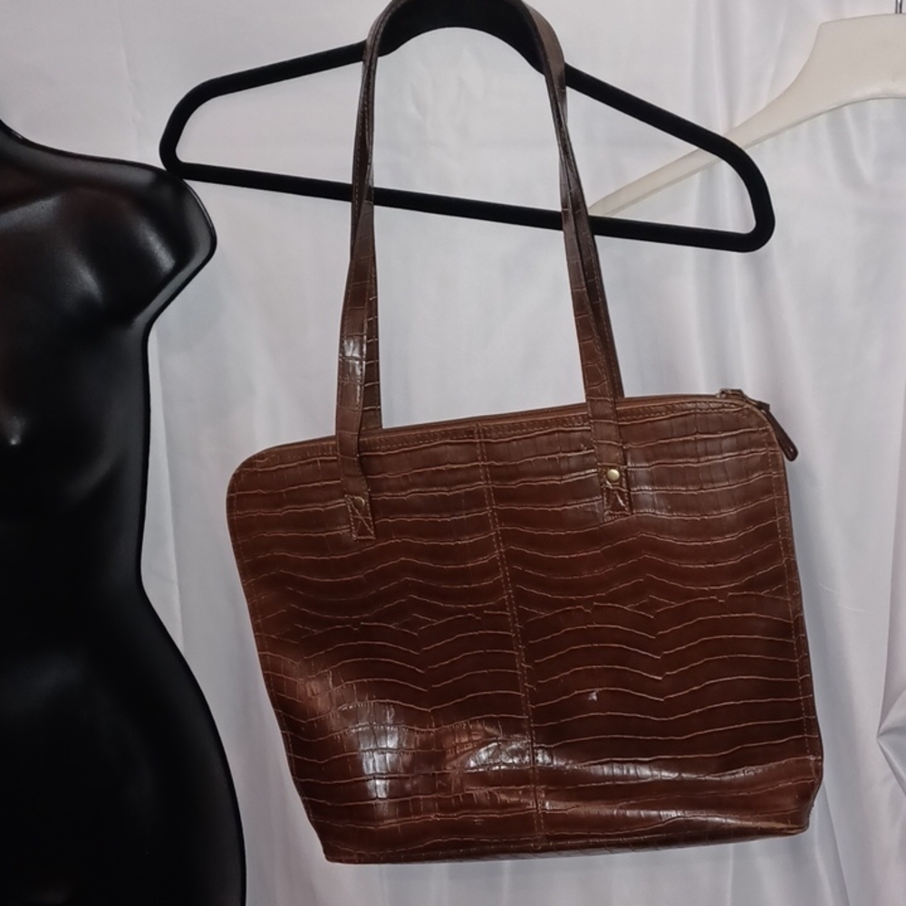 Bueno Dark Brown Faux leather croc embossed shoulder Tote laptop travel bag